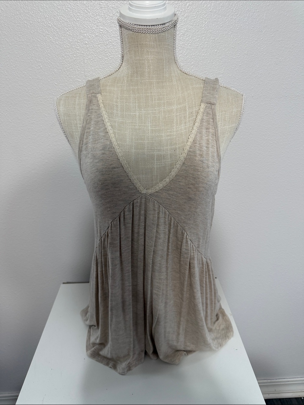 Pink Lily Light Taupe V-Neck Lace-Trim Tank Cami